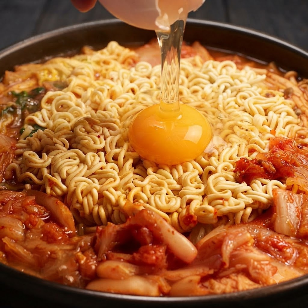 Surowe jajko rozbijane, z żółtkiem i białkiem wlewanymi bezpośrednio na środek makaronu ramen w garnku.