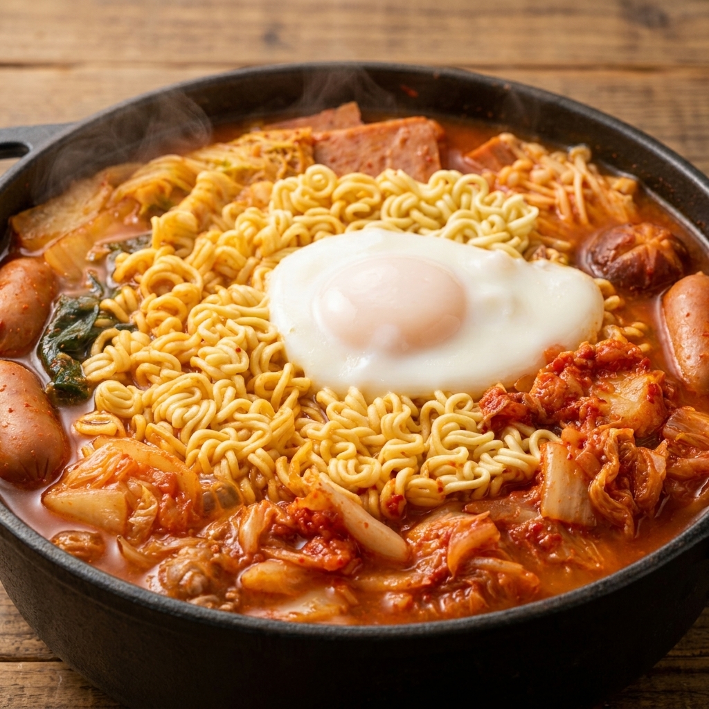 Czarny sezam posypany na ugotowanym jajku spoczywającym na wierzchu makaronu ramen w garnku z gulaszem.