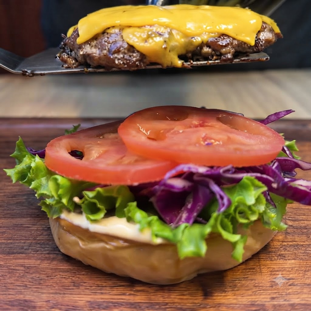 Łopatka umieszczająca kotlet wołowy z roztopionym serem na przygotowanej bazie burgera.