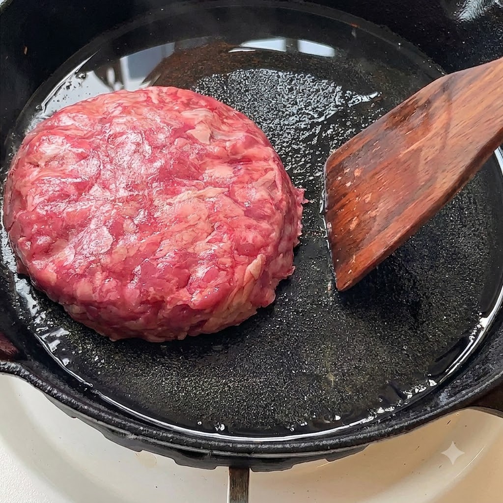 Surowy kotlet wołowy smażący się na naoliwionej patelni.