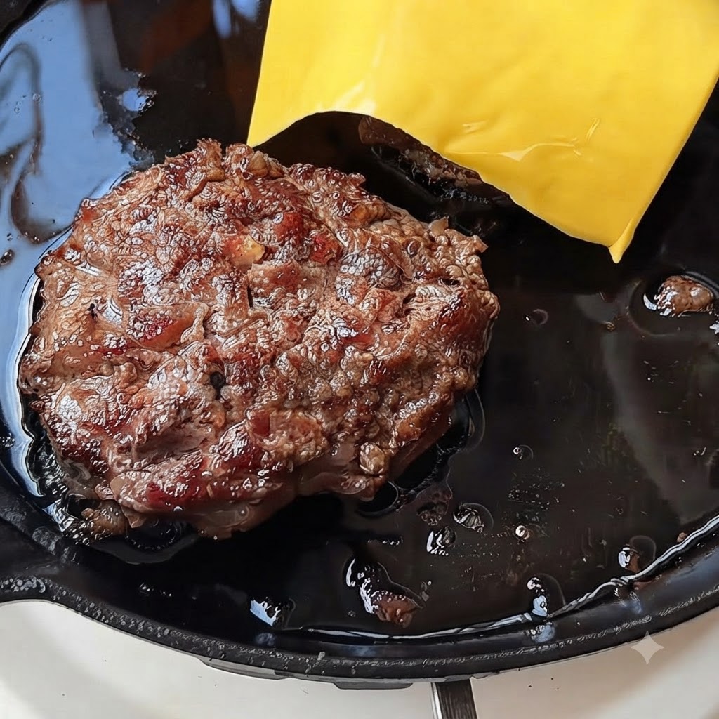 Dwa plastry żółtego sera topiące się na wierzchu ugotowanego kotleta hamburgerowego na gorącej patelni.