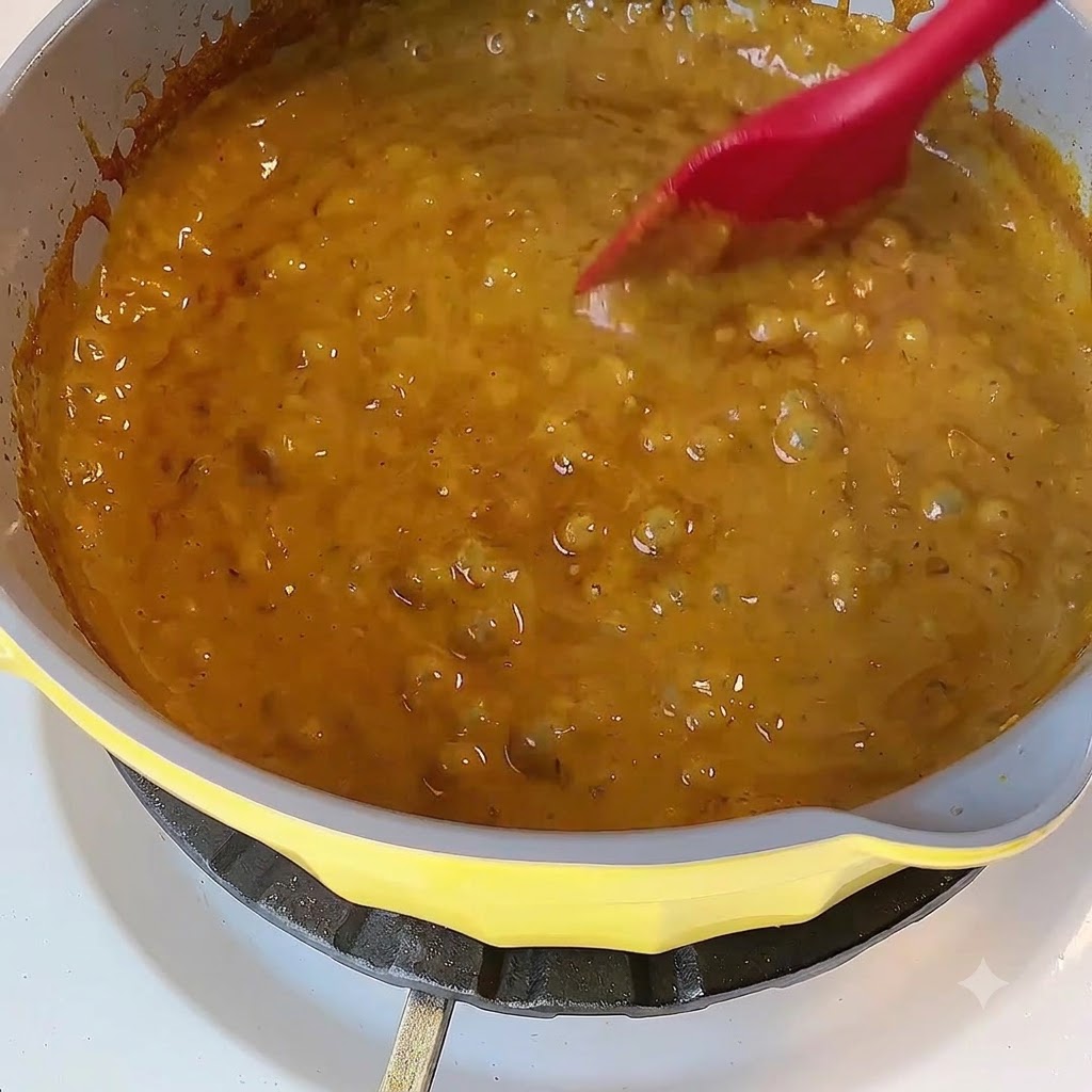 Gęsty żółty sos curry gotujący się w żółtym garnku i mieszany czerwoną silikonową szpatułką.