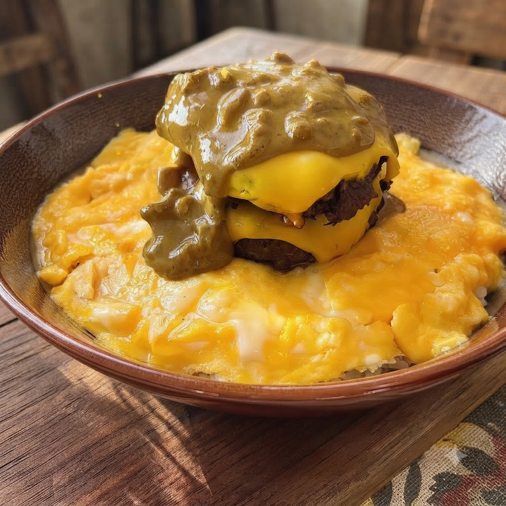 Gęsty sos kokosowo-curry wylany na ułożone w stosy kotlety serowe, jajka i ryż w misce.