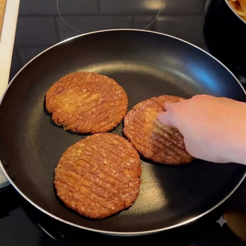 Zbliżenie dłoni doprawiającej trzy kotlety burgerowe na gorącej patelni.