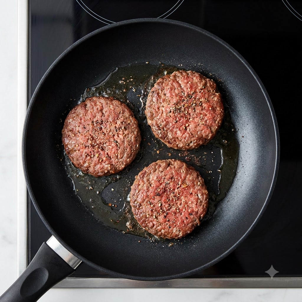 Kotlet burgerowy przewracany na drugą stronę na patelni za pomocą czarnej łopatki.