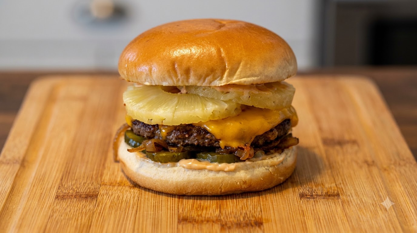 W pełni złożony burger luau na drewnianej desce do krojenia z tostowaną bułką, soczystym kotletem, roztopionym serem i krążkami ananasa.