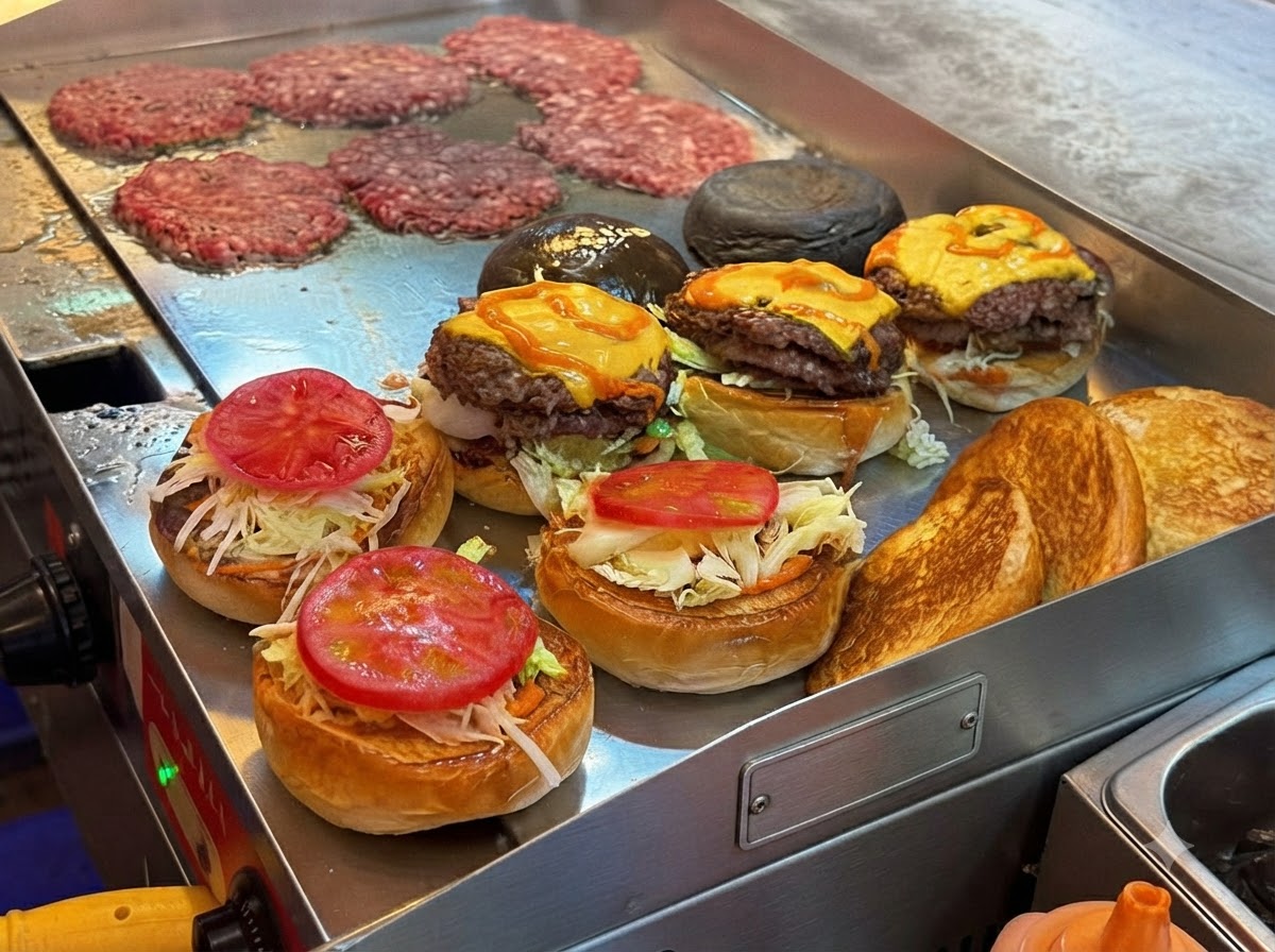 Smażące się kotlety burgerowe z roztopionym serem obok przygotowanych bułek, sałaty i pokrojonych pomidorów.