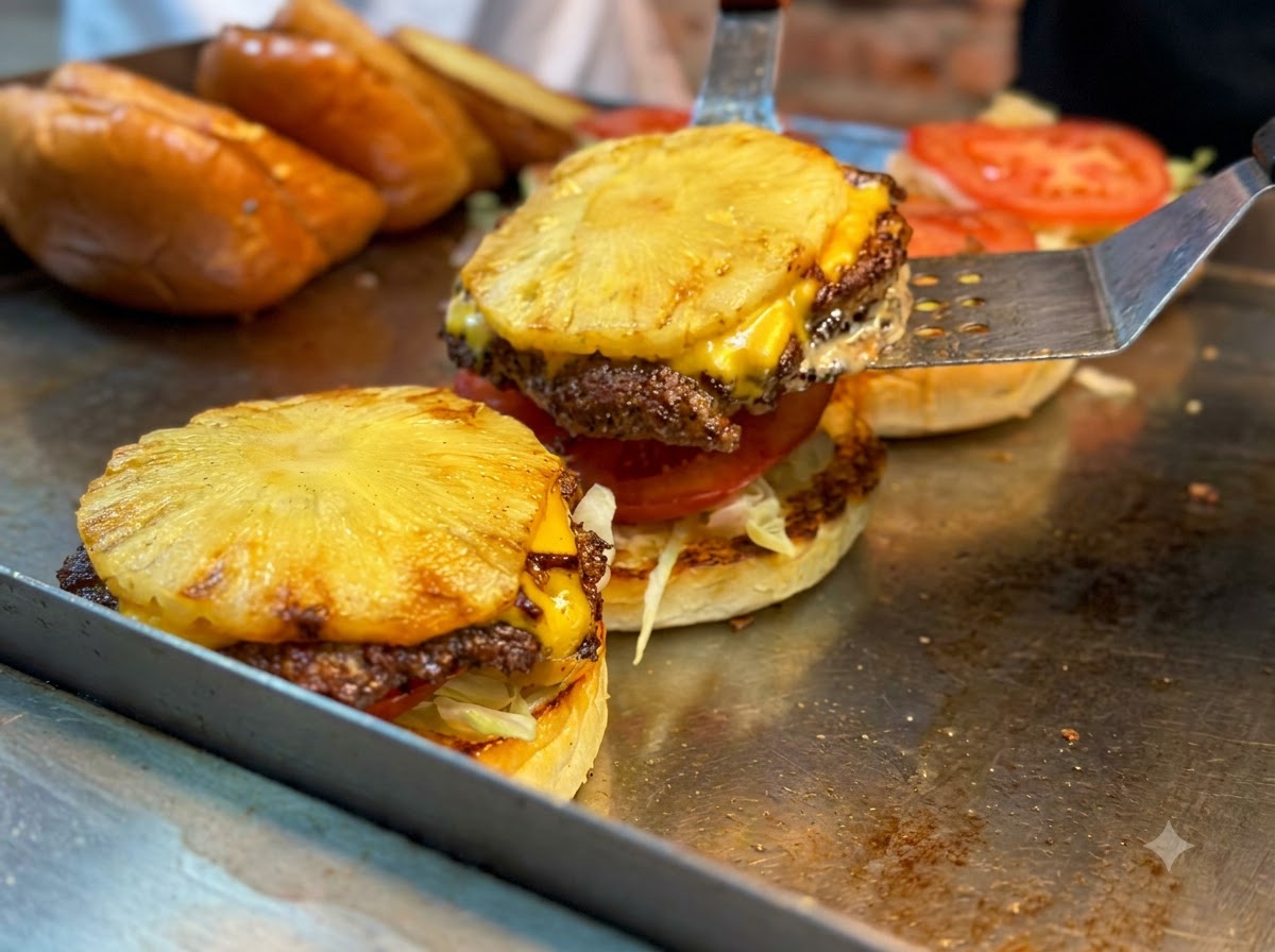Metalowa łopatka przekładająca na spód bułki grillowany kotlet burgerowy z roztopionym serem i plastrem ananasa.