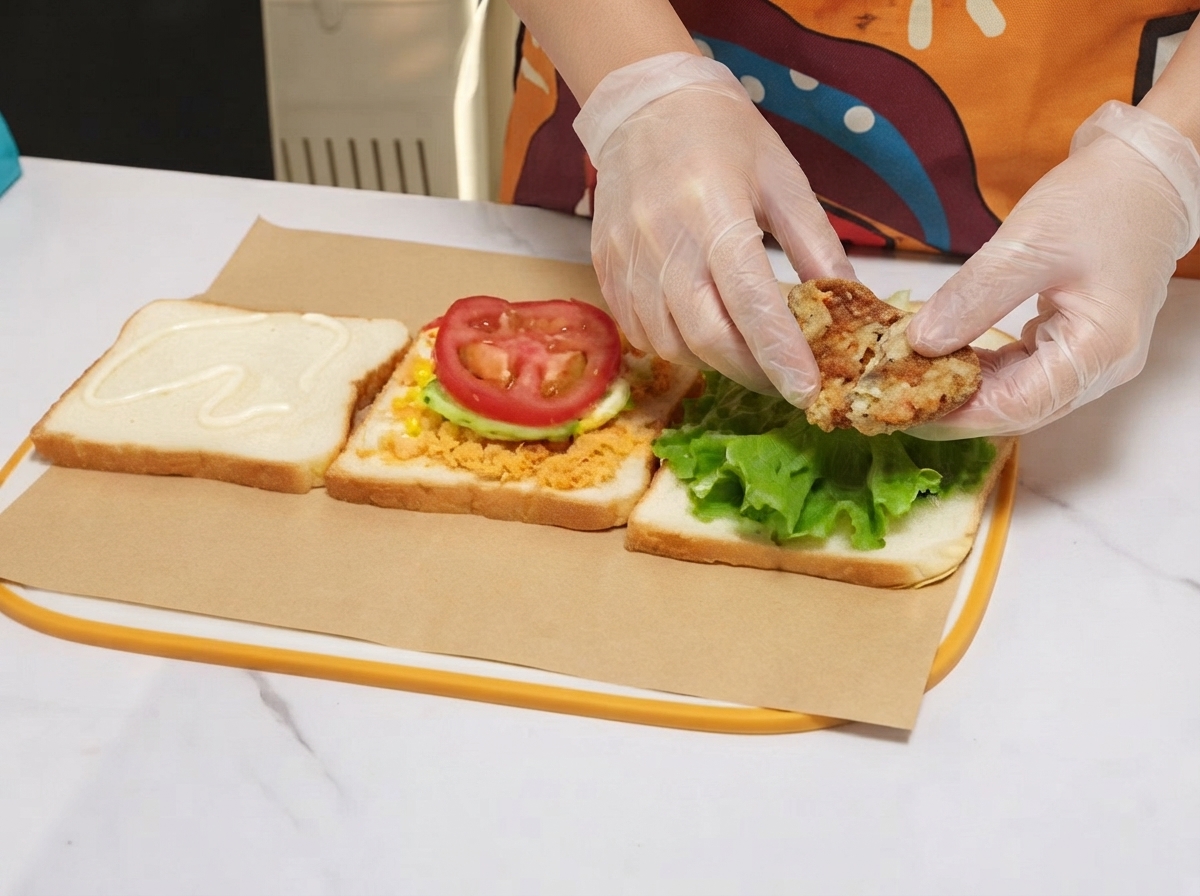 Doprawiony i ugotowany kotlet z kurczaka umieszczony nad zieloną sałatą na kromce chleba.