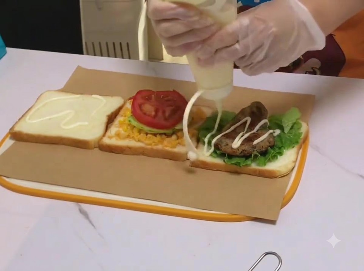 Biały krem sałatkowy polewany z butelki z dzióbkiem na kotlet z kurczaka ułożony na chlebie.