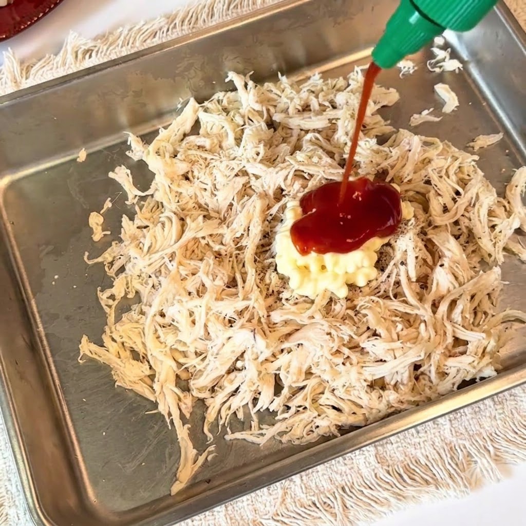 Sos sriracha i majonez wyciskane na porcję szarpanego kurczaka.