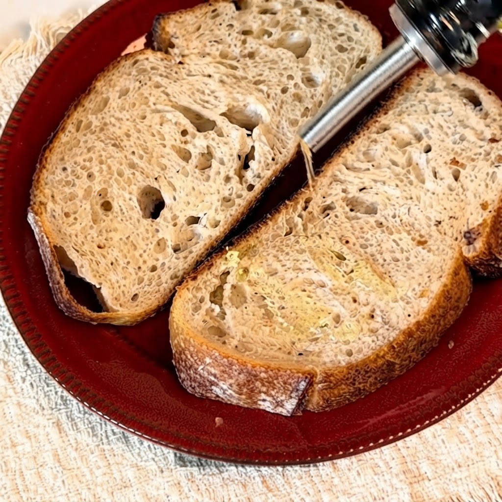Oliwa z oliwek wlewana z butelki na dwie kromki chleba na zakwasie.