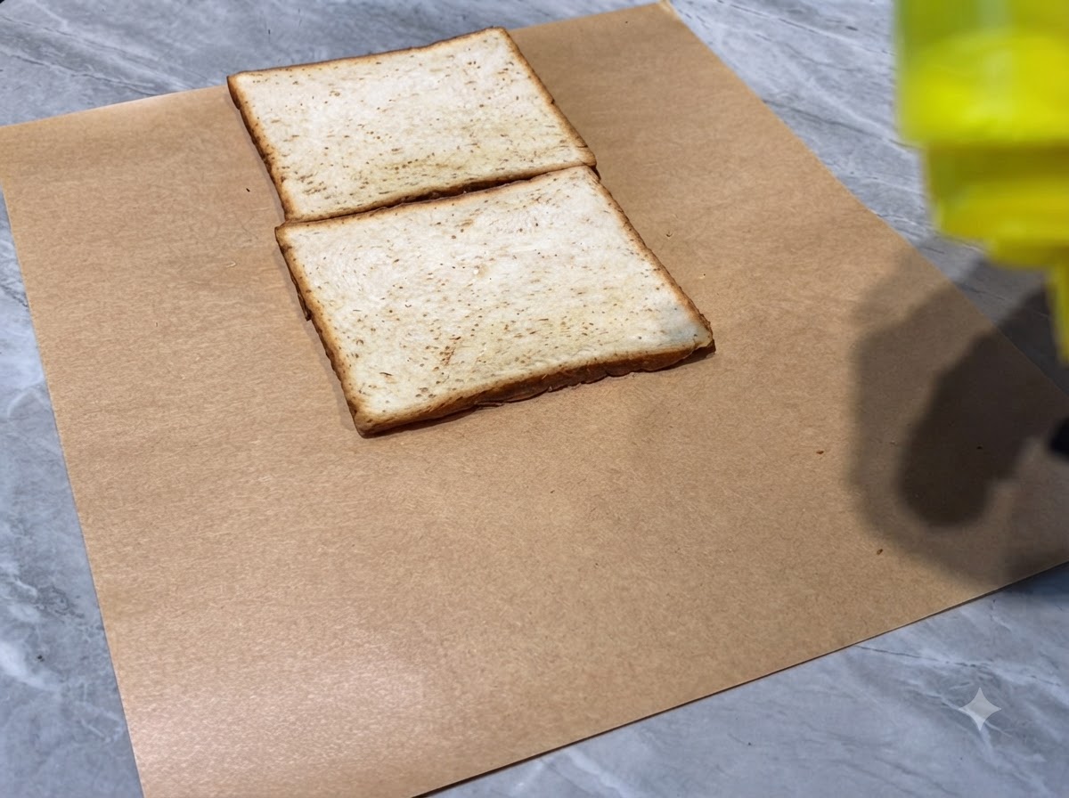 Trzy kromki tostów ułożone obok siebie na papierze pakowym z liniami majonezu wyciskanego na nie.