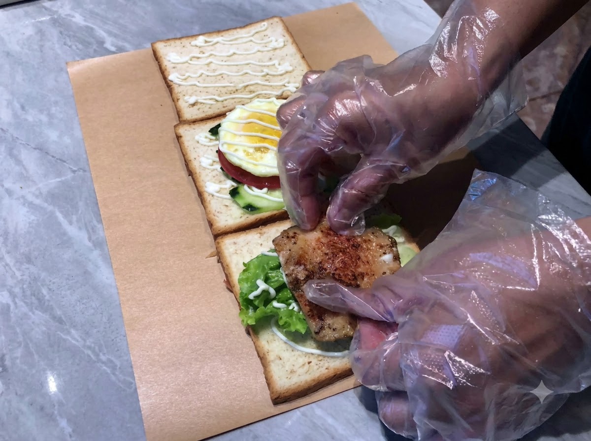 Kotlet z kurczaka i poszatkowana czerwona kapusta dodane do warstw kanapki, polane majonezem.