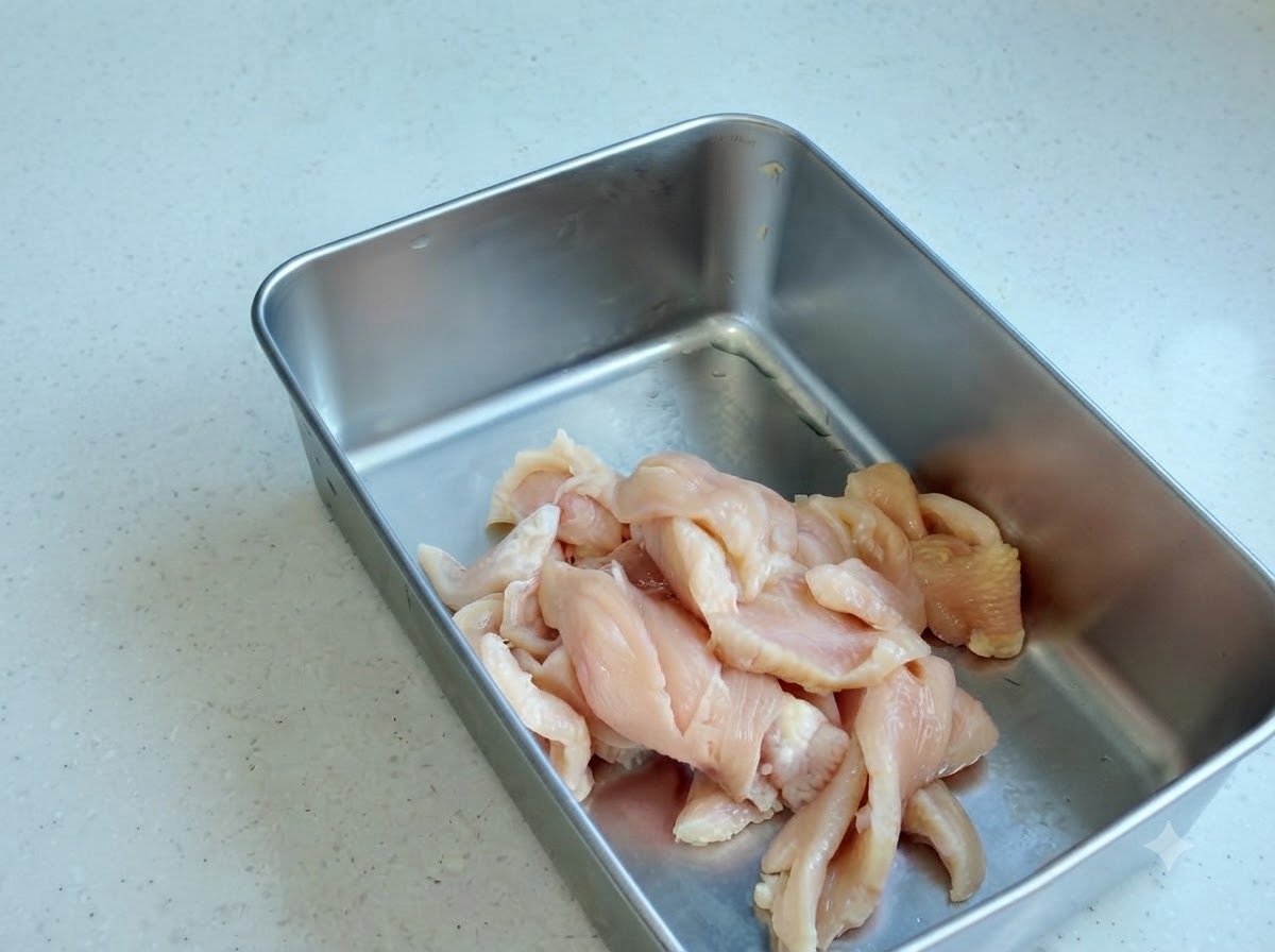 Pokrojony kurczak w metalowym pojemniku z dodatkiem różnych przypraw w proszku i sosów.