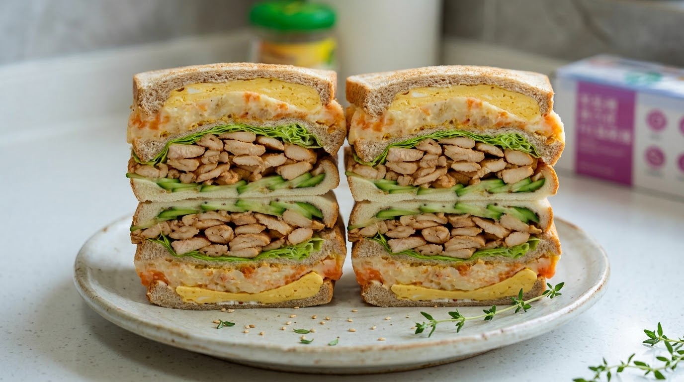 Przekrój grubej kanapki zawiniętej w folię spożywczą, ukazujący warstwy tostu, grubego omletu jajecznego, purée ziemniaczanego z mięsnym puchem, sałaty, plastrów ogórka i piersi kurczaka.