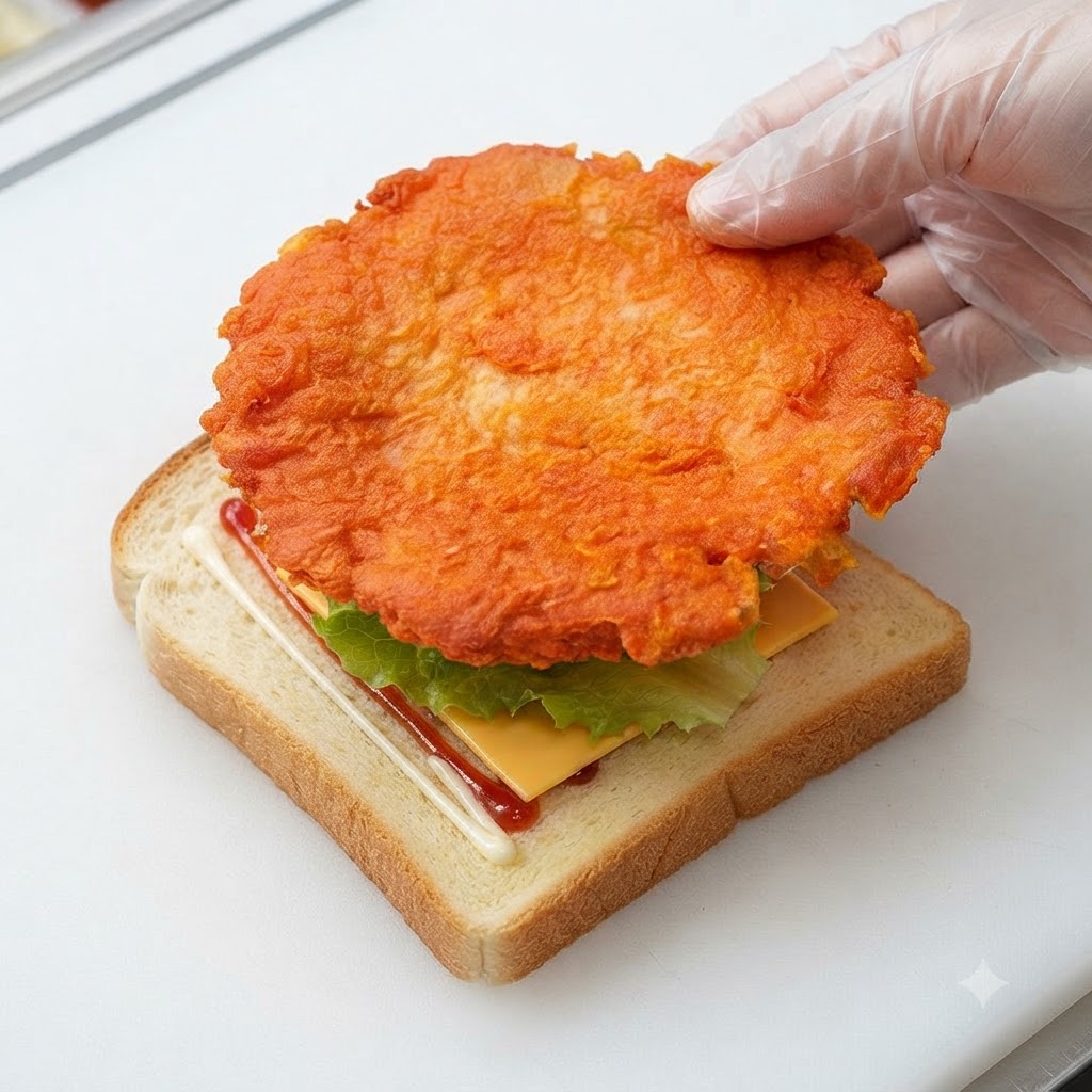 Kotlet z kurczaka o smaku orleańskim układany na plastrze żółtego sera i chleba.