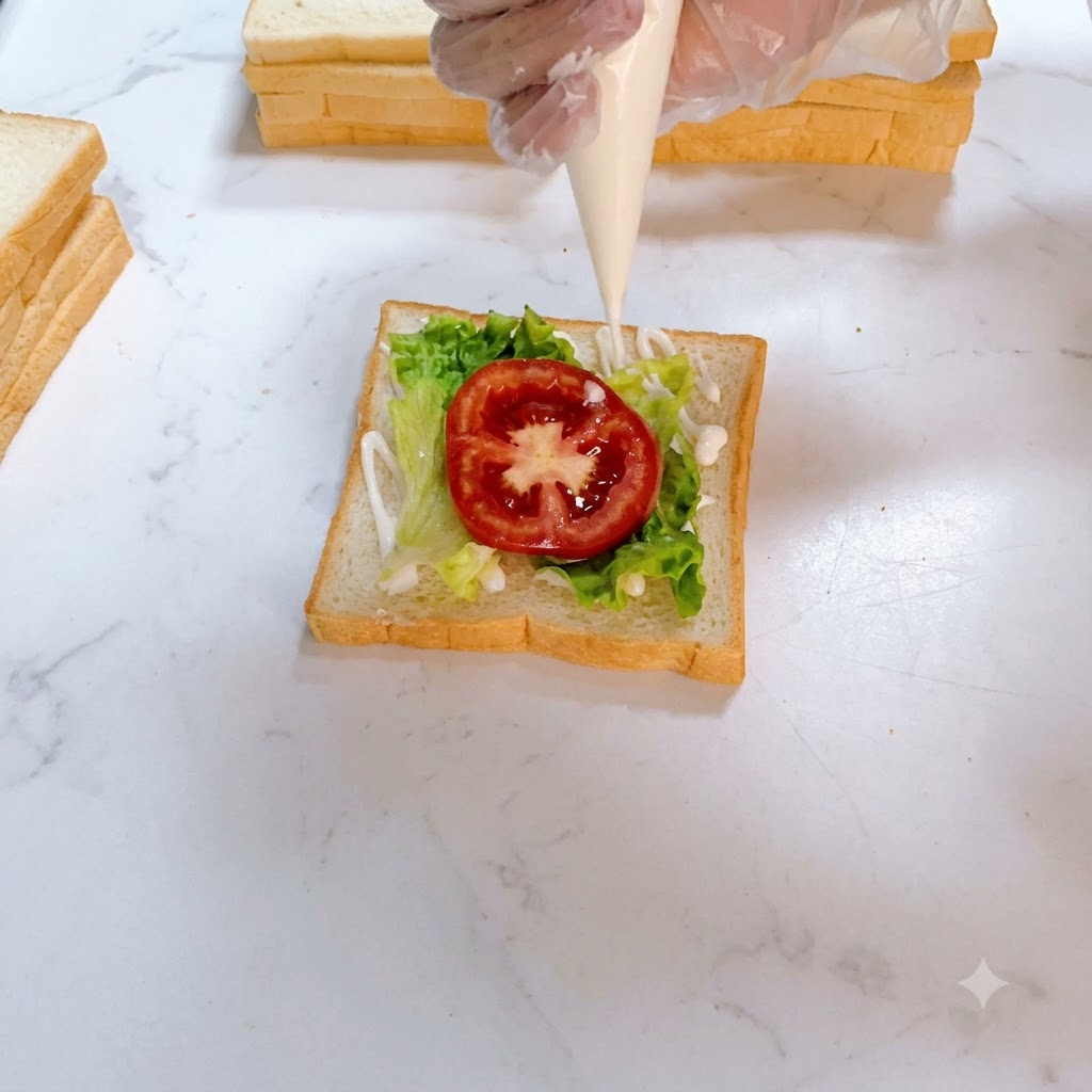 Dressing wyciskany z rękawa cukierniczego na plaster czerwonego pomidora leżący na sałacie.