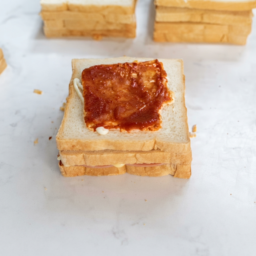 Dressing nakładany w zygzakowate linie na kotlet z kurczaka marynowanego po oreleańsku na warstwowym chlebie.