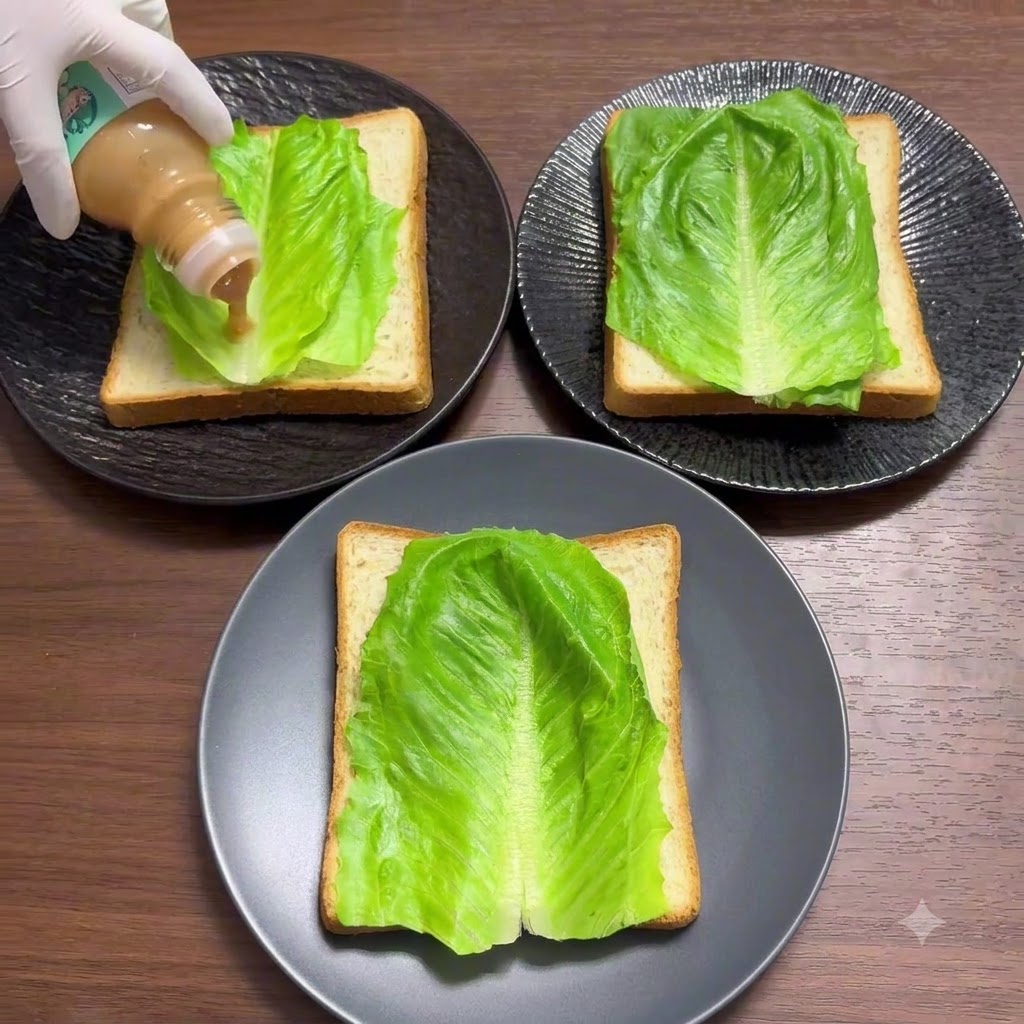 Ręka w rękawiczce wyciskająca beztłuszczowy dressing z butelki na warstwę sałaty w kanapce.