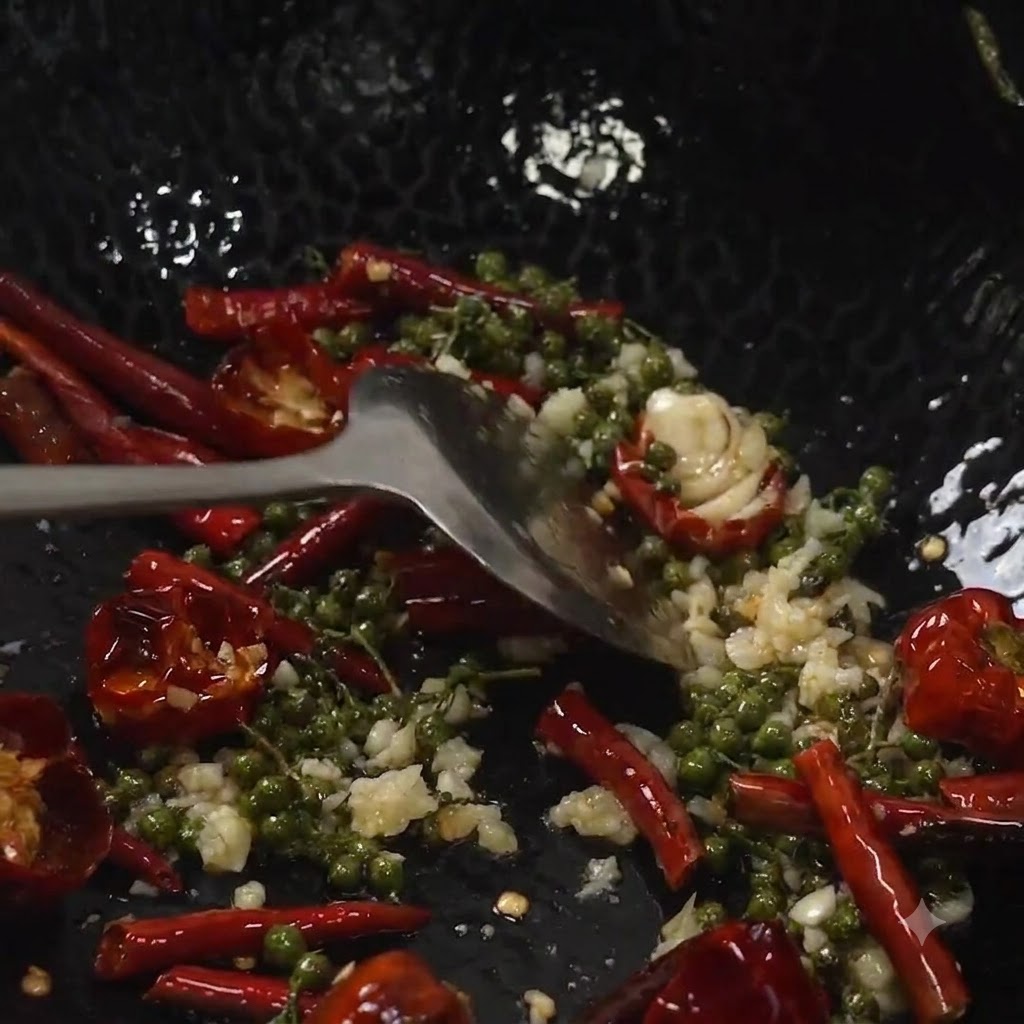 Metalowa łopatka mieszająca usmażone żeberka wieprzowe razem z zielonym pieprzem, suszonymi czerwonymi papryczkami chili i posiekanym czosnkiem w woku.