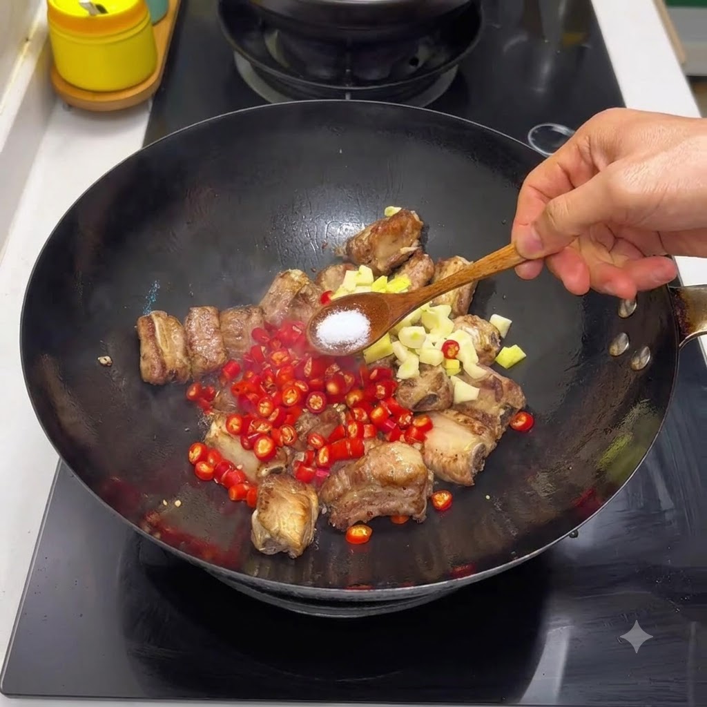 Łyżeczka soli dodawana do żeberek w woku wraz z posiekanym czerwonym chilli i czosnkiem.