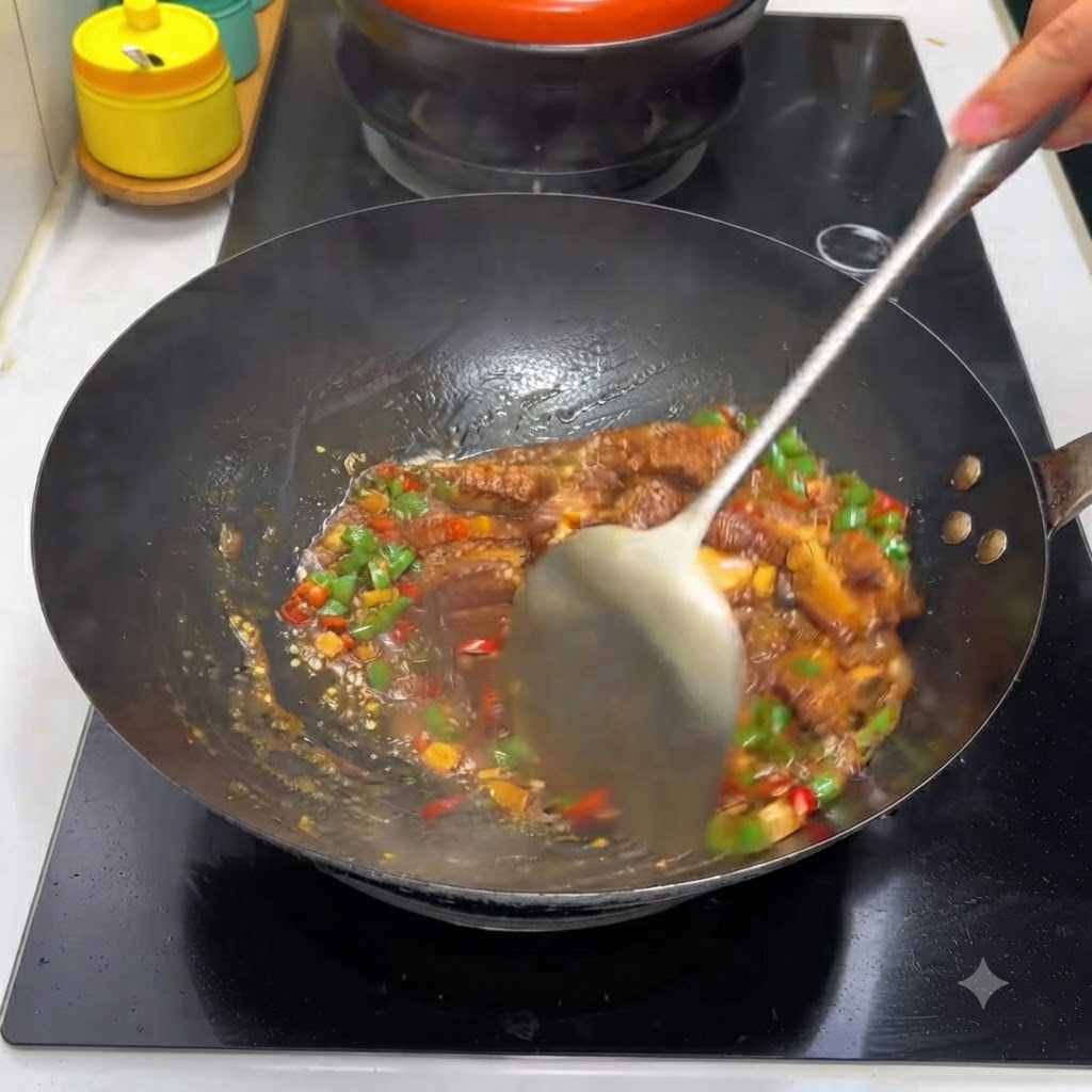 Mieszanie żeberek wieprzowych wymieszanych z zielonym i czerwonym chilli oraz sosem w woku.