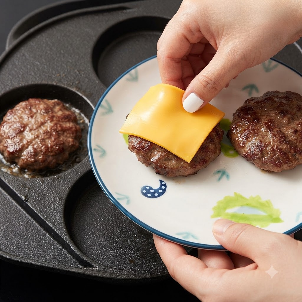 Ręka kładąca kwadratowy plaster żółtego sera na usmażony kotlet burgerowy na wzorzystym talerzu.