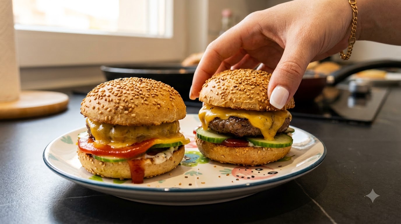 Dwa domowe mini cheeseburgery na ozdobnym talerzu, z których jeden jest trzymany w dłoni.