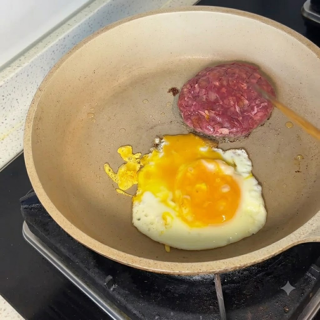 Surowy kotlet z wołowiny Angus i smażone jajko gotujące się na patelni z drewnianą łopatką w pobliżu.