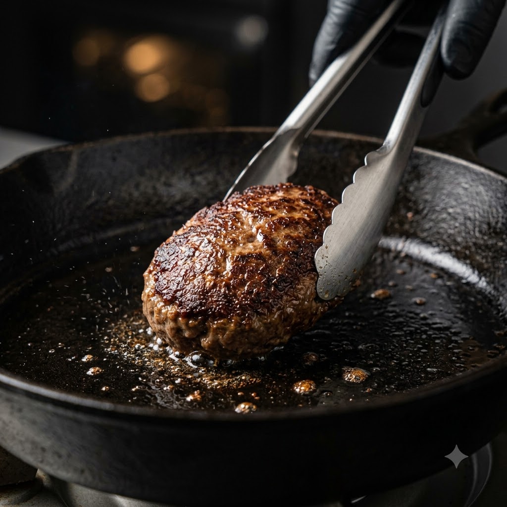 Uformowany kotlet mięsny obsmażający się i brązowiejący na gorącej żeliwnej patelni, obsługiwany metalowymi szczypcami.