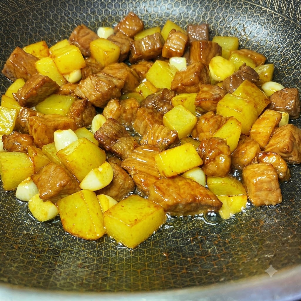 Przyprawy takie jak czerwone chili w proszku, kmin rzymski i sezam posypane na wieprzowinę i ziemniaki w woku.