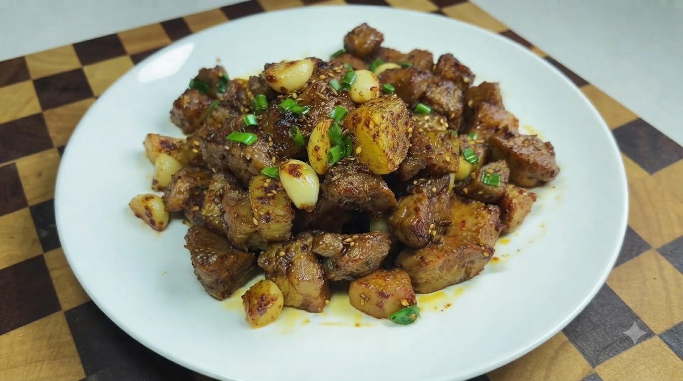 Kminek, wieprzowina i ziemniaki w kostce w stylu barbecue