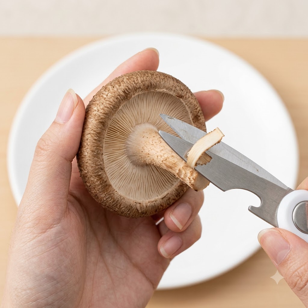 Ręce używające nożyczek kuchennych do precyzyjnego wycięcia trzonu świeżego grzyba shiitake.