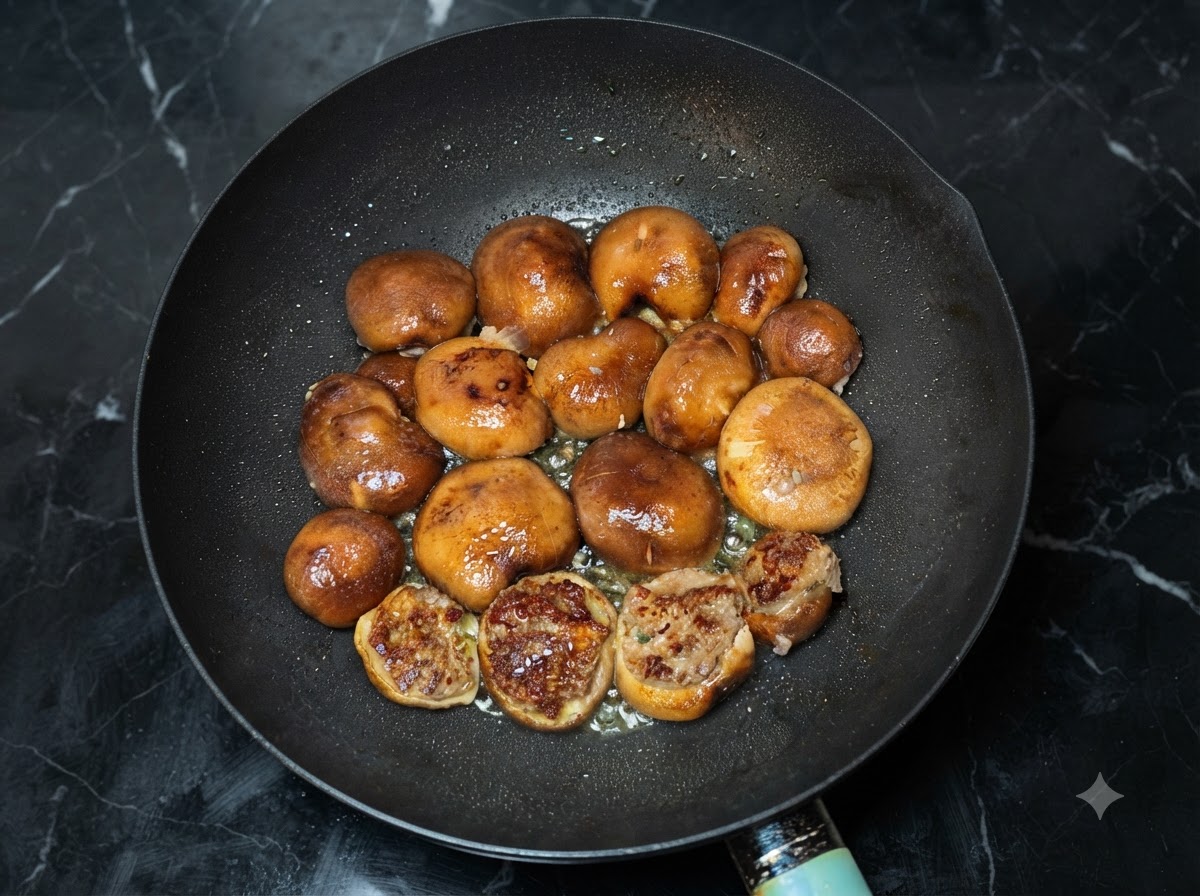 Grzyby shiitake smażone w woku, niektóre już odwrócone, ukazujące złocistobrązowe mięso.