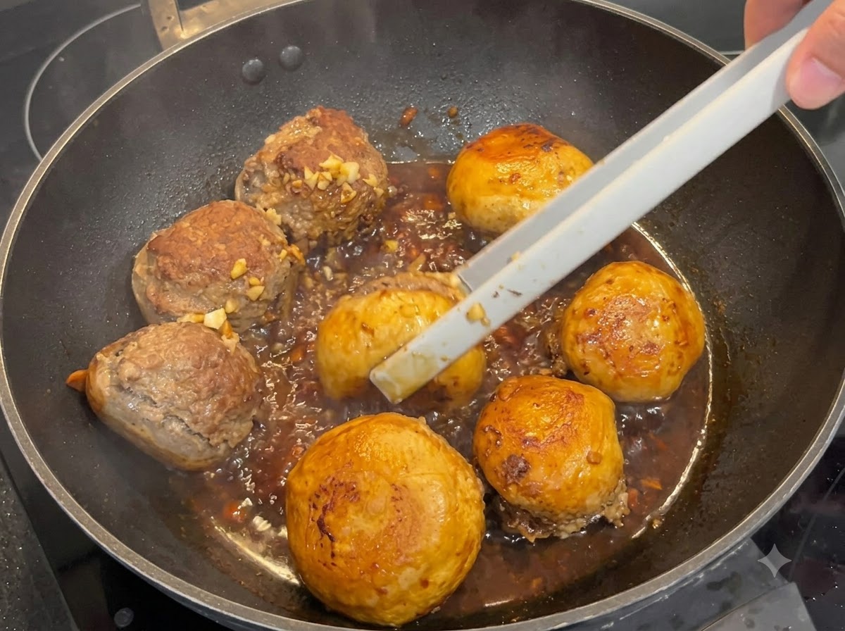 Szczypce odwracające duszące się pieczarki w gęstniejącym ciemnym sosie.