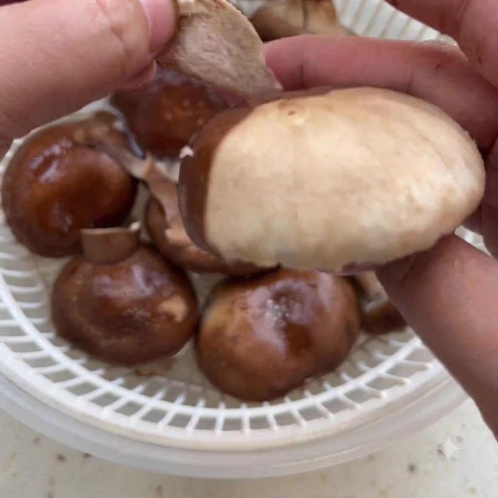Dłonie zdejmujące zewnętrzną skórkę ze świeżego grzyba shiitake nad sitkiem.