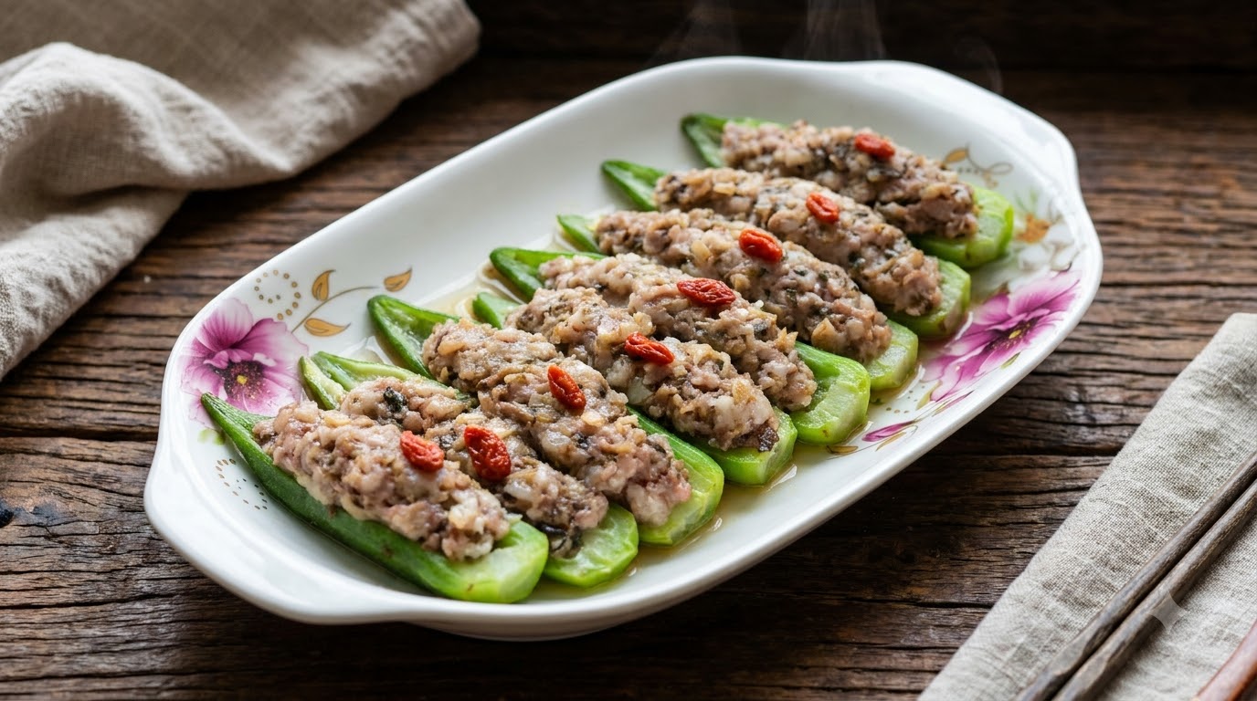 Okra faszerowana wieprzowiną gotowana na parze