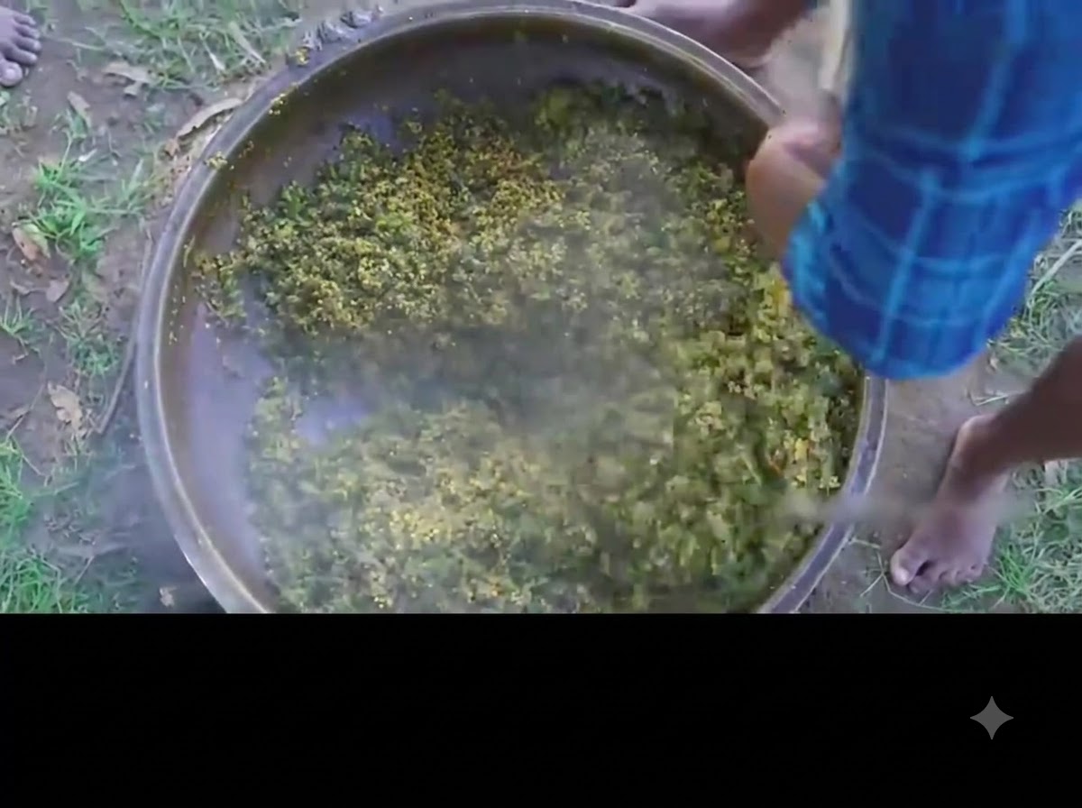 Osoba mieszająca gotowe curry z zielonej okry i jajek w dużym żeliwnym garnku.