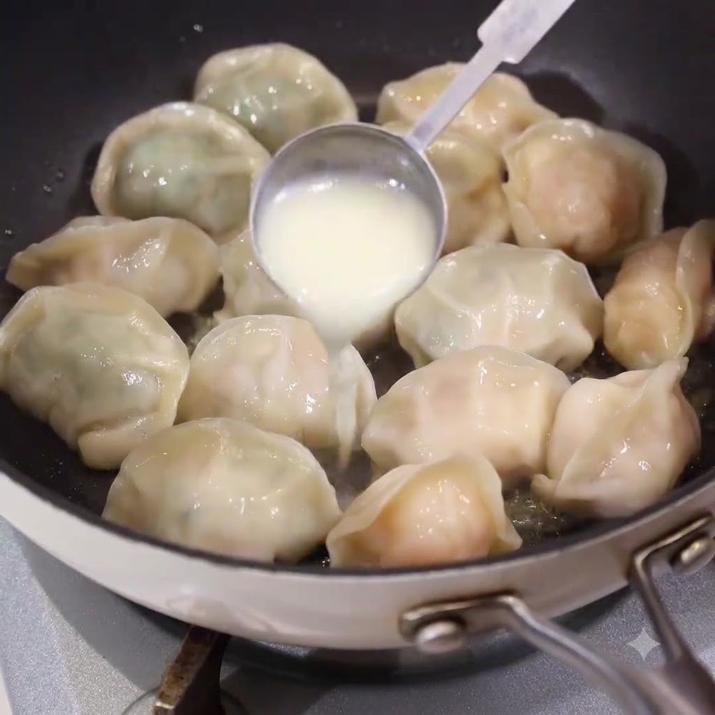 Łyżka wlewająca białe płynne ciasto w przerwy między pierożkami smażącymi się na patelni.