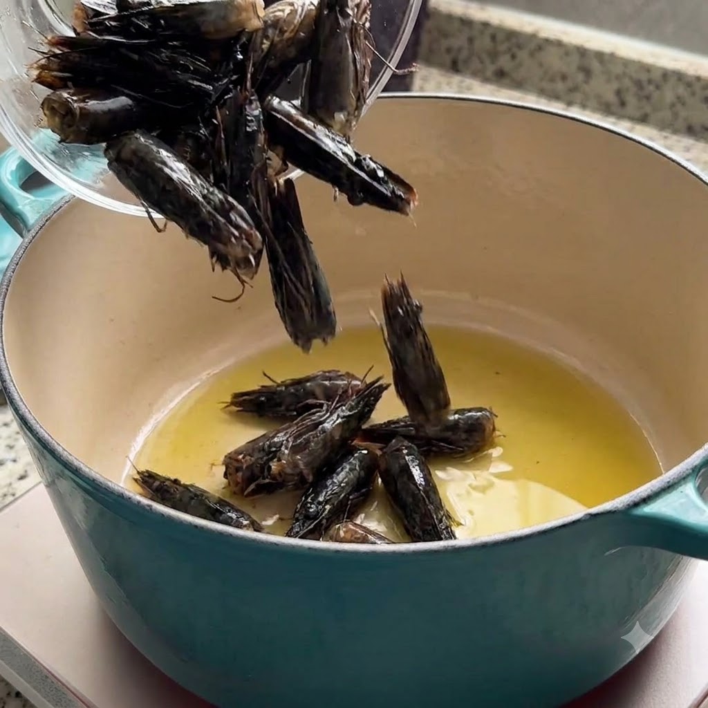 Głowy krewetek wrzucane do garnka z gorącą oliwą z oliwek w celu uwolnienia aromatu.