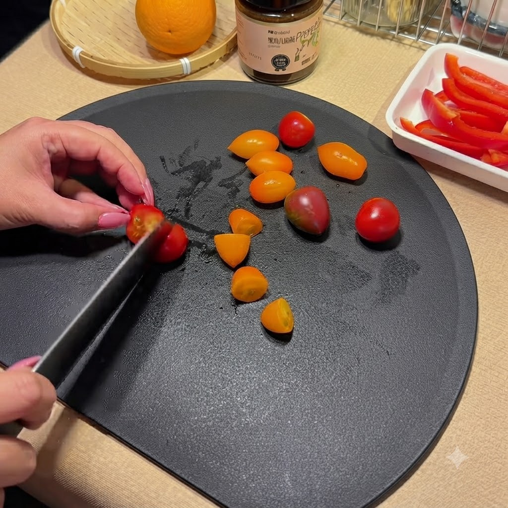 Nóż szefa kuchni przekrawający pomidorki koktajlowe na pół na czarnej desce.