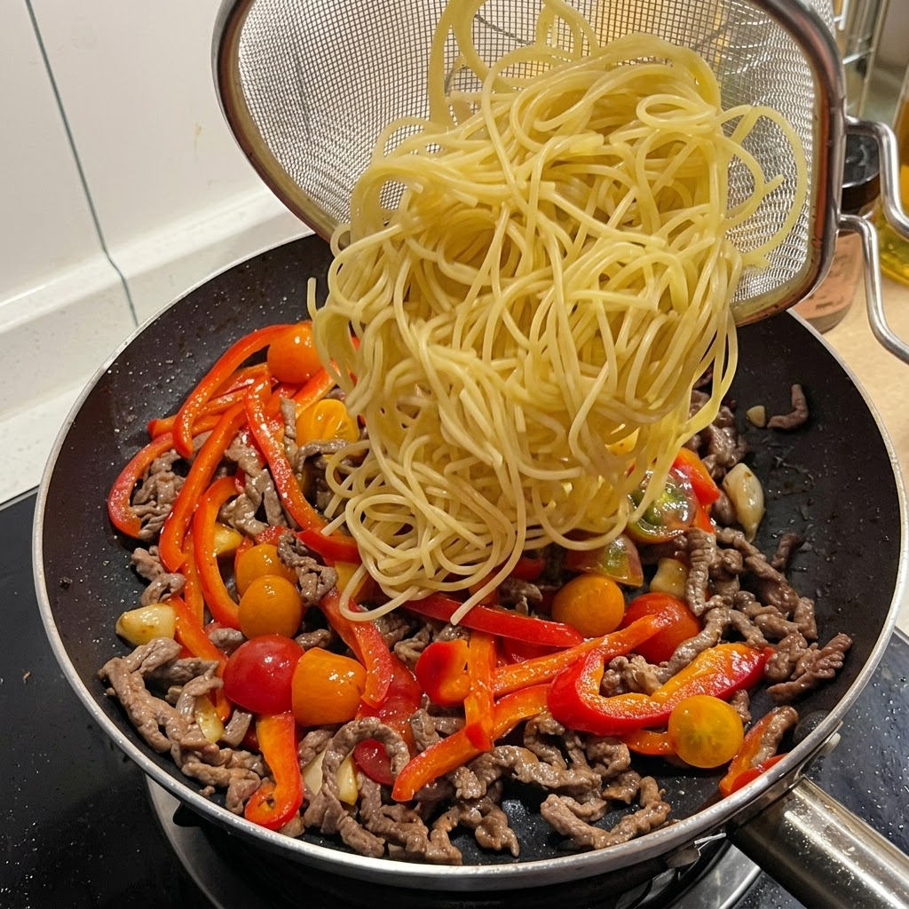 Ugotowane spaghetti zsuwane z sitka na patelnię z daniem.