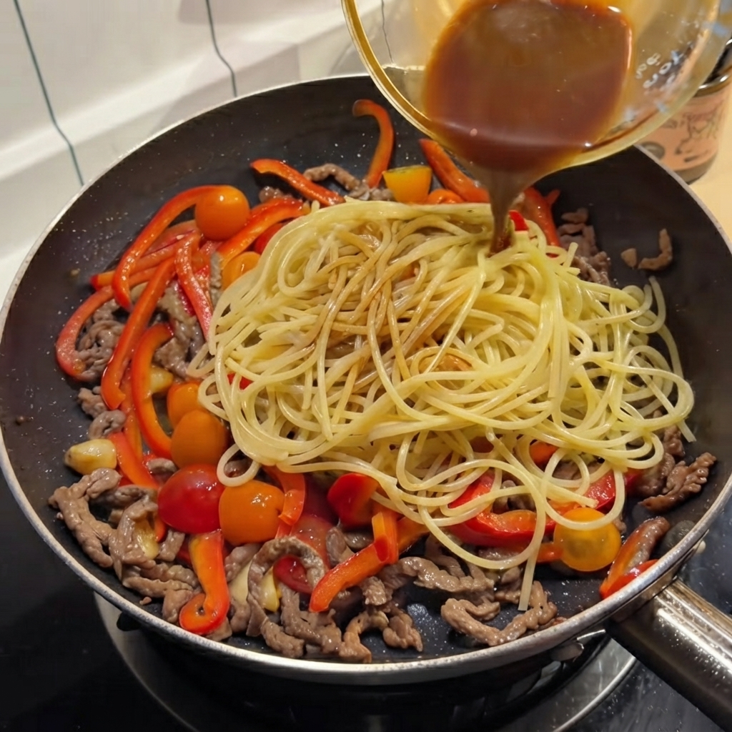 Ciemnobrązowy sos wylewany z małej miseczki na spaghetti na patelni.