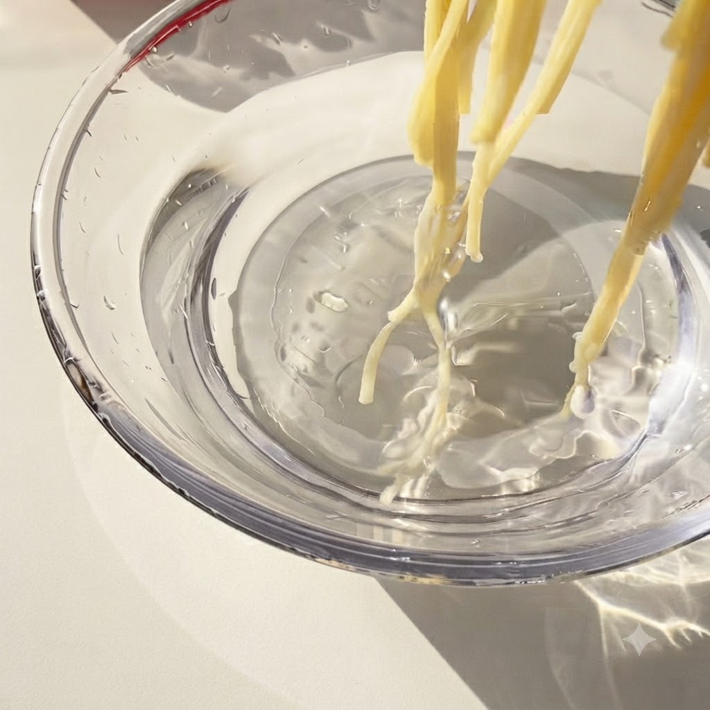 Ugotowane nitki spaghetti przekładane szczypcami do szklanej miski z zimną wodą.