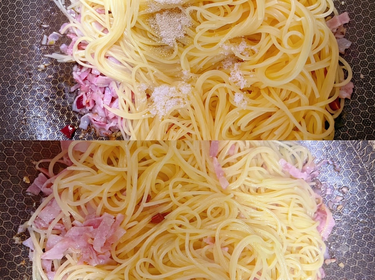 Posiekane zielone liście lepiężnika spoczywające na wierzchu mieszanki makaronowej na patelni.