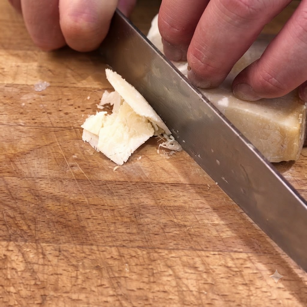 Nóż krojący kawałki włoskiego sera Parmigiano-Reggiano na drewnianej desce.