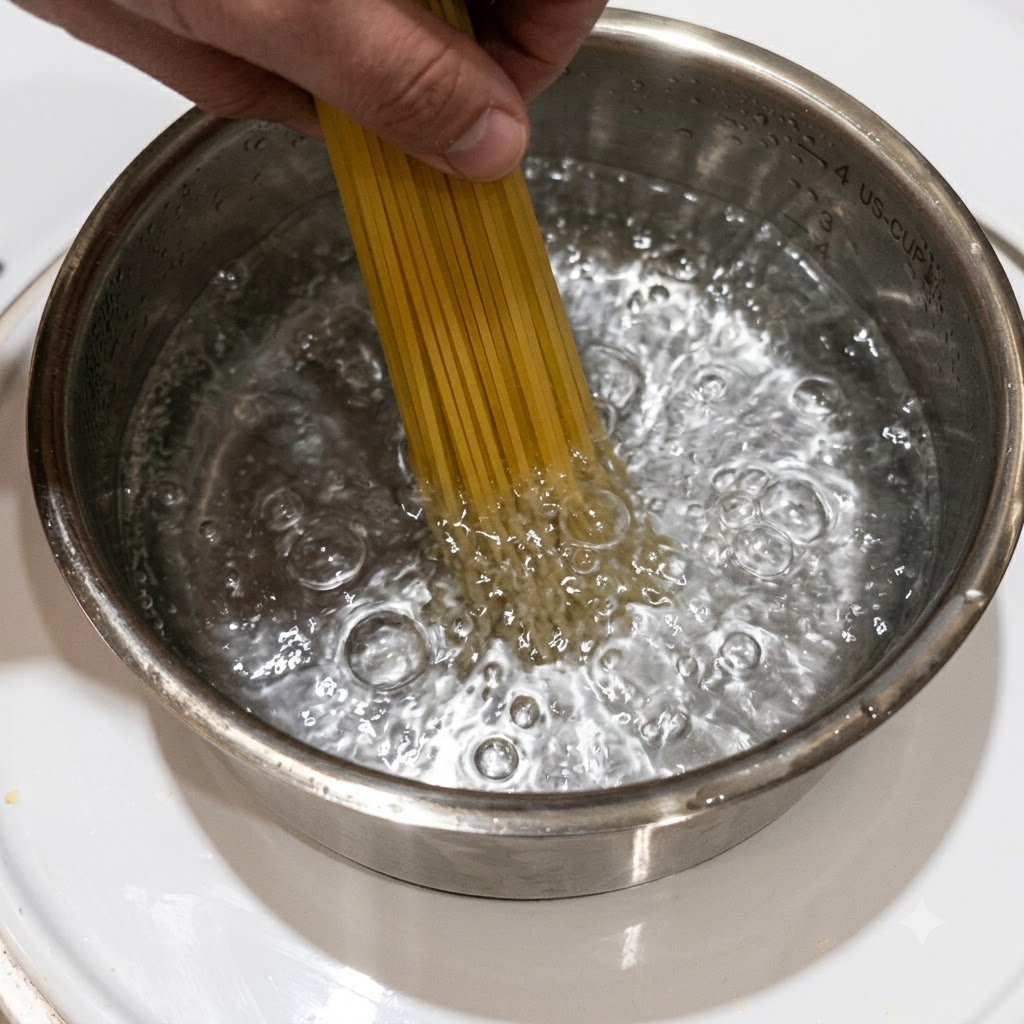 Makaron penne gotujący się w garnku z bulgoczącą, gorącą wodą.