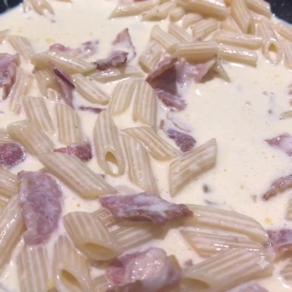 Zbliżenie makaronu penne duszącego się w kremowym sosie na patelni.