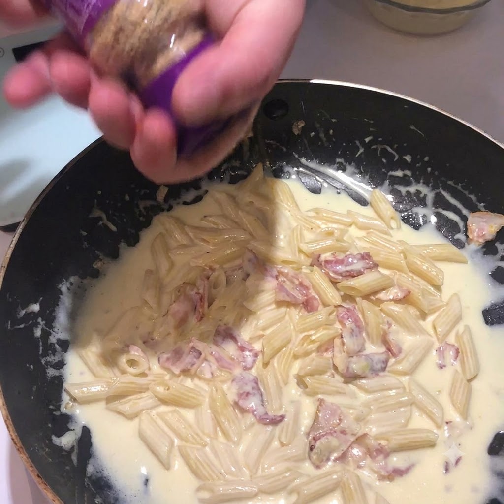 Sól czosnkowa sypana z pojemnika na kremową mieszankę makaronową na patelni.